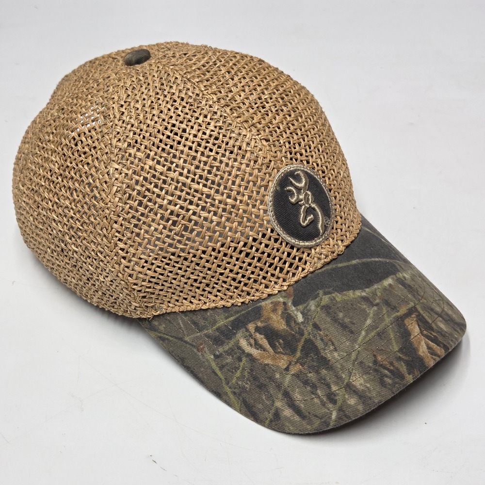 Vintage Browning Hat Cap Woven Straw Mesh Camo Bill Buckmark Logo Taiwan 90s Y2K